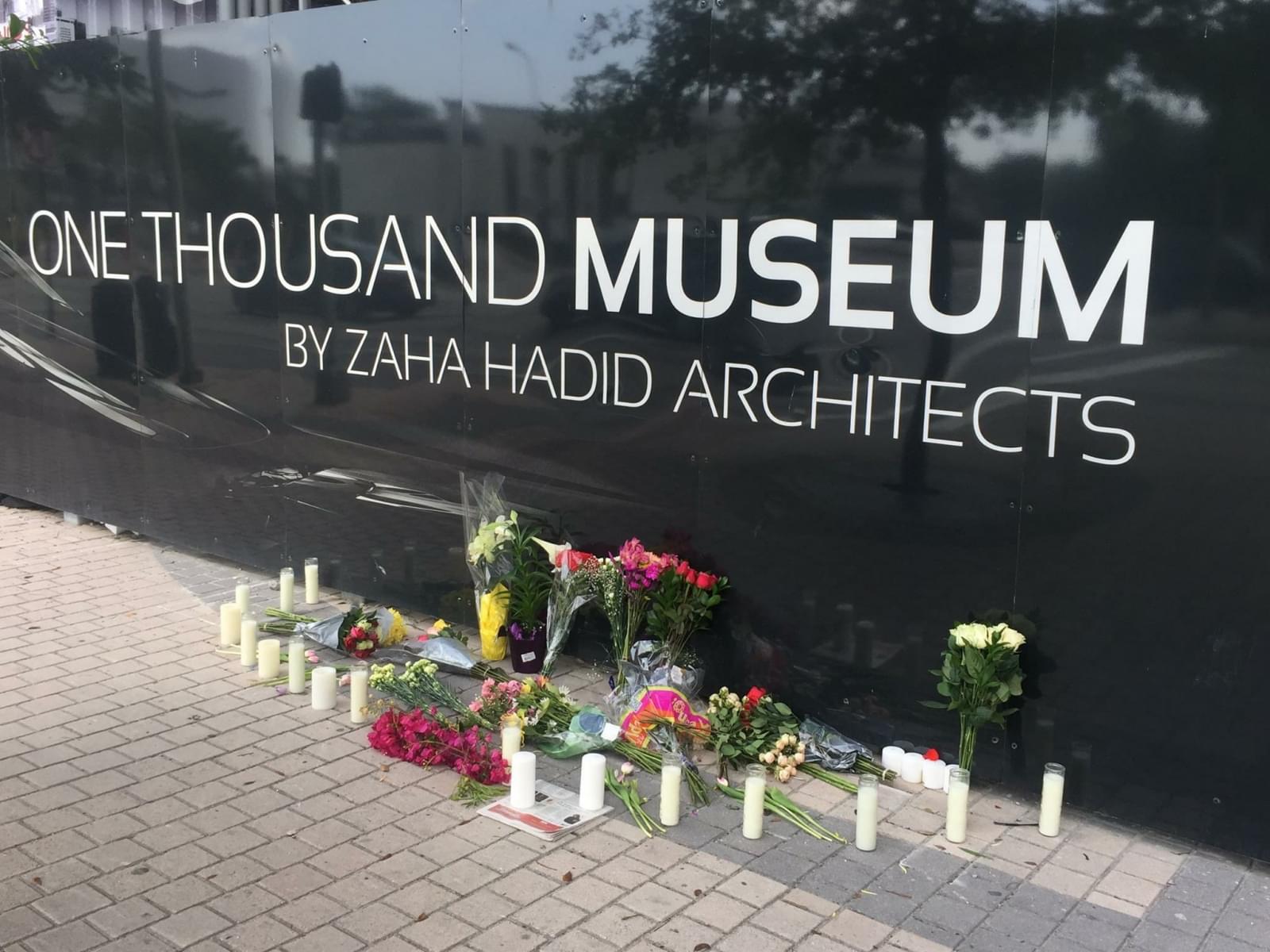 Flowers and Candles for Zaha Hadid Collect Outside One Thousand Museum